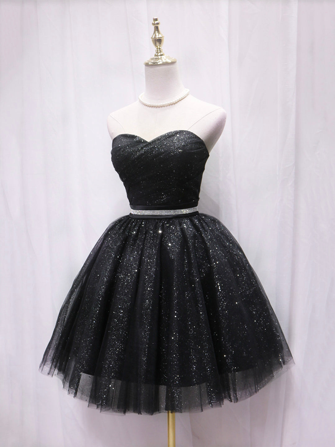 Black Strapless Tulle Knee Length Prom Dress, Black A-Line Sweetheart Party Dress