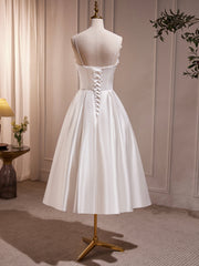 White Spaghetti Strap Satin Short Prom Dress, White V-Neck Evening Party Dress