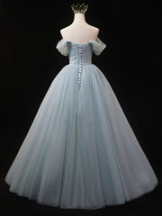 Dusty Blue Tulle Beaded Long Prom Dress, Off the Shoulder A-Line Evening Party Dress