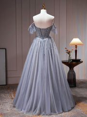 Gray Tulle Off Shoulder Beaded Party Dress, A-Line Tulle Formal Dress Prom Dress