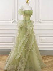 Green Tulle Long Floor Length Prom Dress, Beautiful A-Line Evening Party Dress with Lace