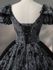 Beautiful Black Rhinestone Flower Prom Dress, Black V-Neck Short Sleeve Evening Dress