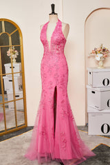 Mermaid Hot Pink Halter Appliques Long Prom Dress with Slit