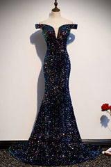 mermaid navy blue sequins evening dress with off the shoulder top prom dress formal dress