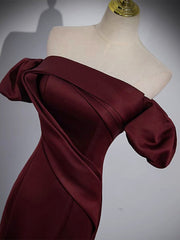 Mermaid off Shoulder Satin Burgundy Long Prom Dress, Burgundy Formal Dress