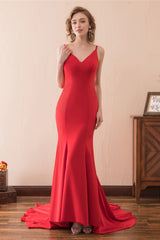 Mermaid V-Neck Spaghetti Straps Red Satin Prom Dresses