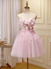 Mini/Short Pink Prom Dress, Cute Pink Homecoming Dresses with Beading Applique