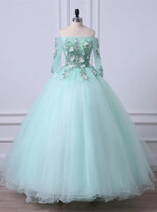 Mint Green Tulle Off Shoulder Long Sleeve Lace Applique Sweet 16 Prom Dress, Formal Dress