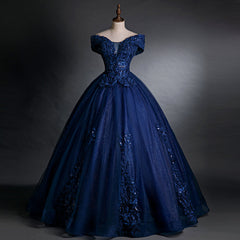 Navy Blue Off Shoulder Ball Gown Tulle with Lace Sweet 16 Gown, Quinceanera Dresses