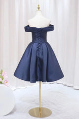 Navy Blue Satin Off Shoulder Knee Length Party Dress, Navy Blue Homecoming Dress