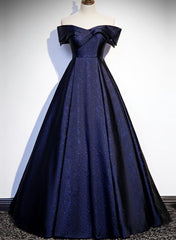 Navy Blue Satin Off Shoulder Long Prom Dress, Blue A-line Formal Dress, Evening Dress