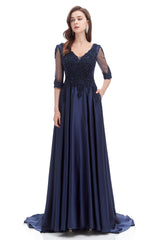 Navy Blue Satin V-neck Short Sleeve Beading Prom Dresses