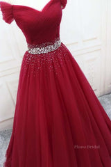 Off Shoulder Burgundy Tulle Long Prom Dresses with Sequins, Burgundy Tulle Formal Evening Dresses