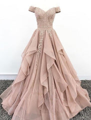 Off Shoulder Dusty Champagne Lace Cheap Long Evening Prom Dresses, Evening Party Prom Dresses