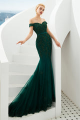 Off Shoulder Mermaid Dark Green Formal Evening Dresses with Lace