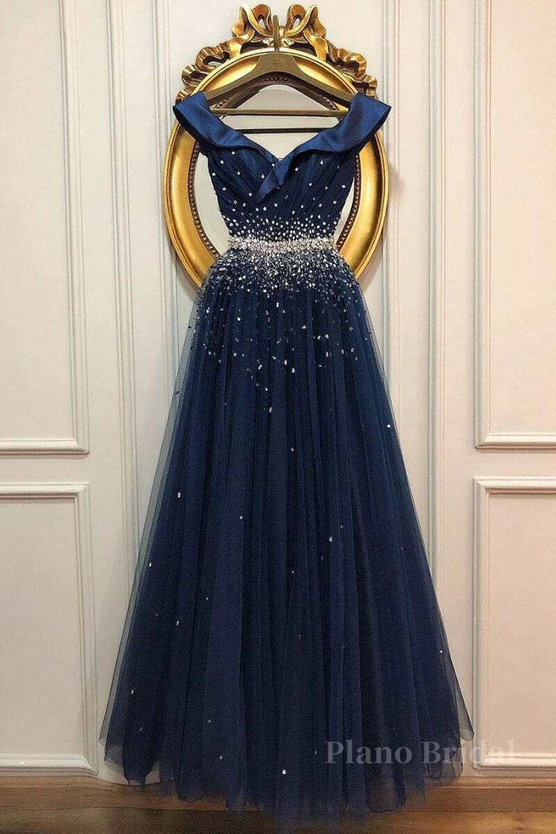 Off Shoulder Sequins Dark Blue Long Prom Dress, Dark Blue Formal Dress, Off Shoulder Evening Dress