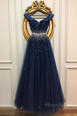 Off Shoulder Sequins Dark Blue Long Prom Dress, Dark Blue Formal Dress, Off Shoulder Evening Dress