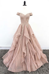 Off the Shoulder Champagne Lace Prom Dresses, Off Shoulder Champagne Lace Formal Evening Dresses