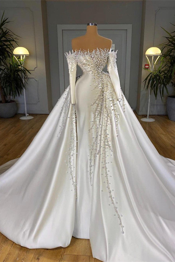 Off-the-Shoulder Long Sleeves Mermaid Wedding Dress Pearls With Detachable Train