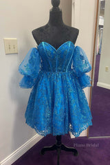 Off the Shoulder Short Blue Lace Prom Dresses, Short Blue Lace Formal Homecoming Dresses