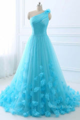 One Shoulder Blue 3D Flowers Long Prom Dress, Blue Floral Formal Evening Dress