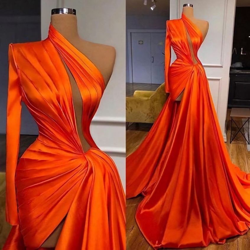 One Shoulder Prom Dress, Pleats Evening Dress