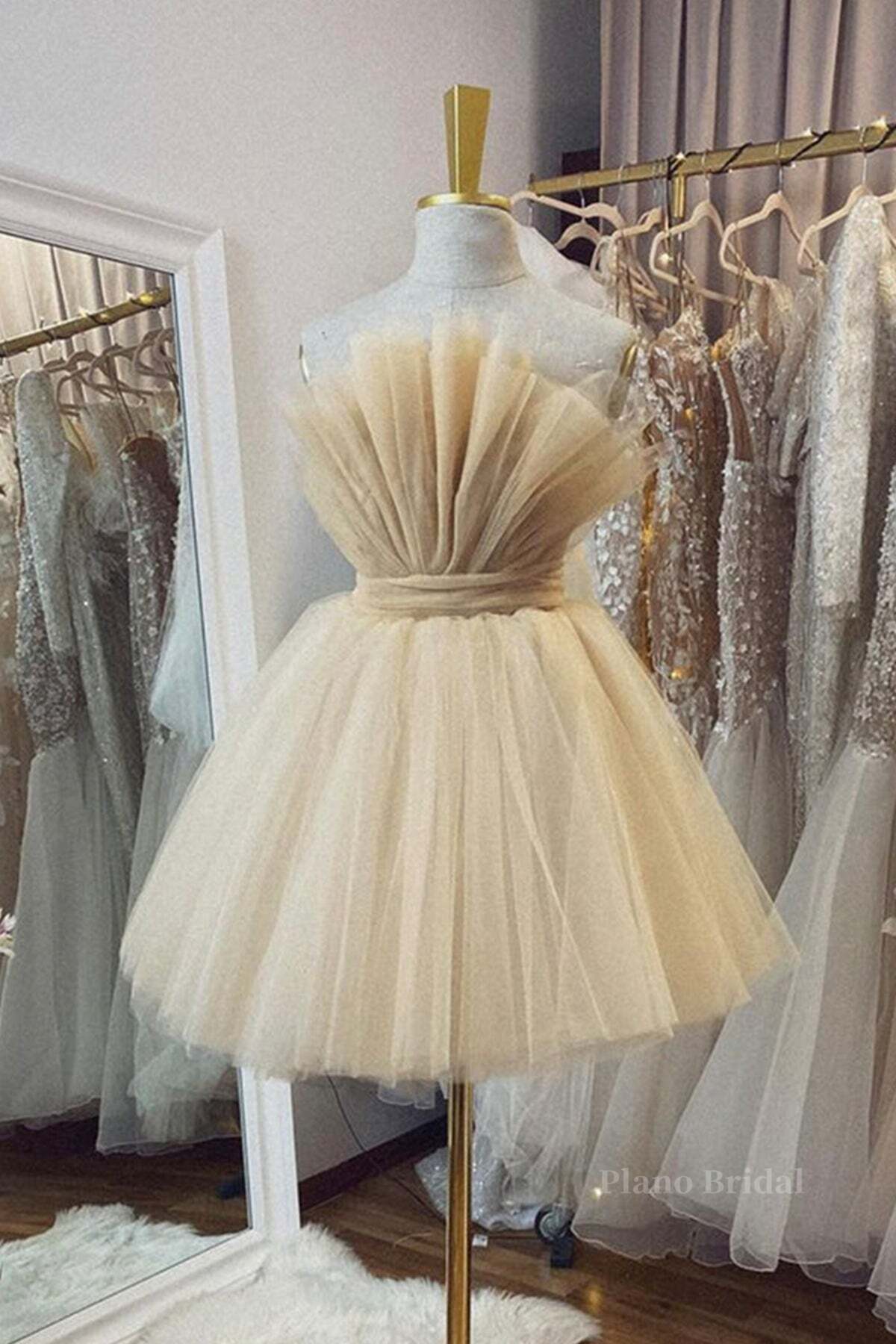 Open Back Strapless Champagne Tulle Short Prom Homecoming Dress, Strapless Champagne Formal Graduation Evening Dress