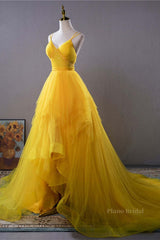 Open Back V Neck High Low Yellow Tulle Long Prom Dress, High Low Yellow Formal Evening Dress