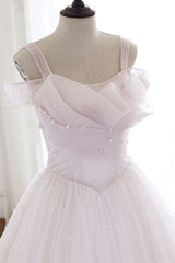 Pearl Pink Straps A Line Tulle Long Prom Dress with Pearls, Long Formal Gown