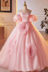 Pink A-Line Sweetheart Ball Gown Formal Dress with Flowers, Off the Shoulder Evening Party Dress