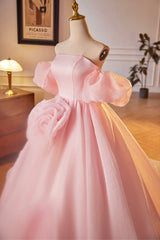 Pink A-Line Sweetheart Ball Gown Formal Dress with Flowers, Off the Shoulder Evening Party Dress