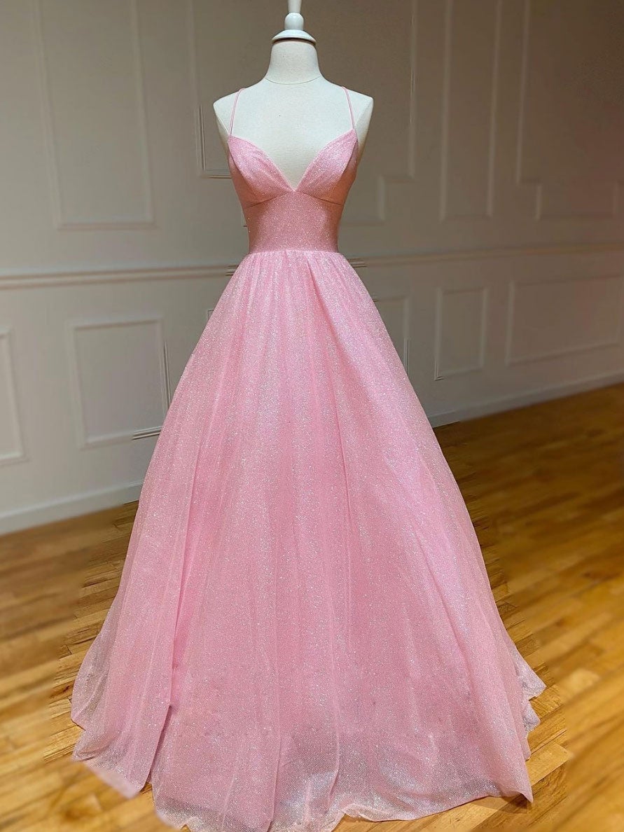 Pink A-line v neck tulle long prom dress, pink evening dress