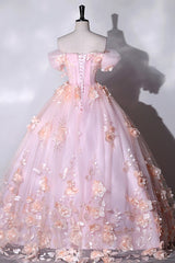 Pink Flowers Sweetheart Ball Gown Formal Dresses, Pink Long Sweet 16 Dresses