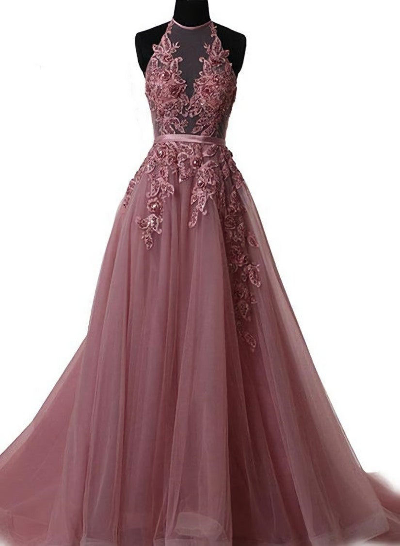 Pink Halter  Lace-up Long Formal Gown, Pink Party Dresses