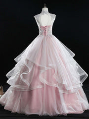 Pink high neck tulle lace long prom dress, pink sweet 16 dress