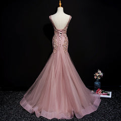 Pink Mermaid Tulle Long Evening Dress with Lace, V-neckline Floor Length Prom Dress