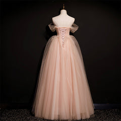 Pink Off Shoulder Beaded Tulle Long Party Dresses, Pink A-line Formal Dresses Prom Dress