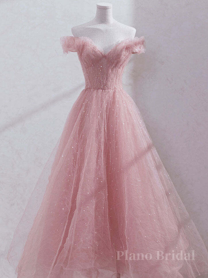 Pink off shoulder tulle sequin long prom dress, pink formal dress