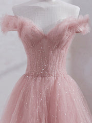 Pink Off Shoulder Tulle Tea Length Prom Dress, Tulle Formal Dress