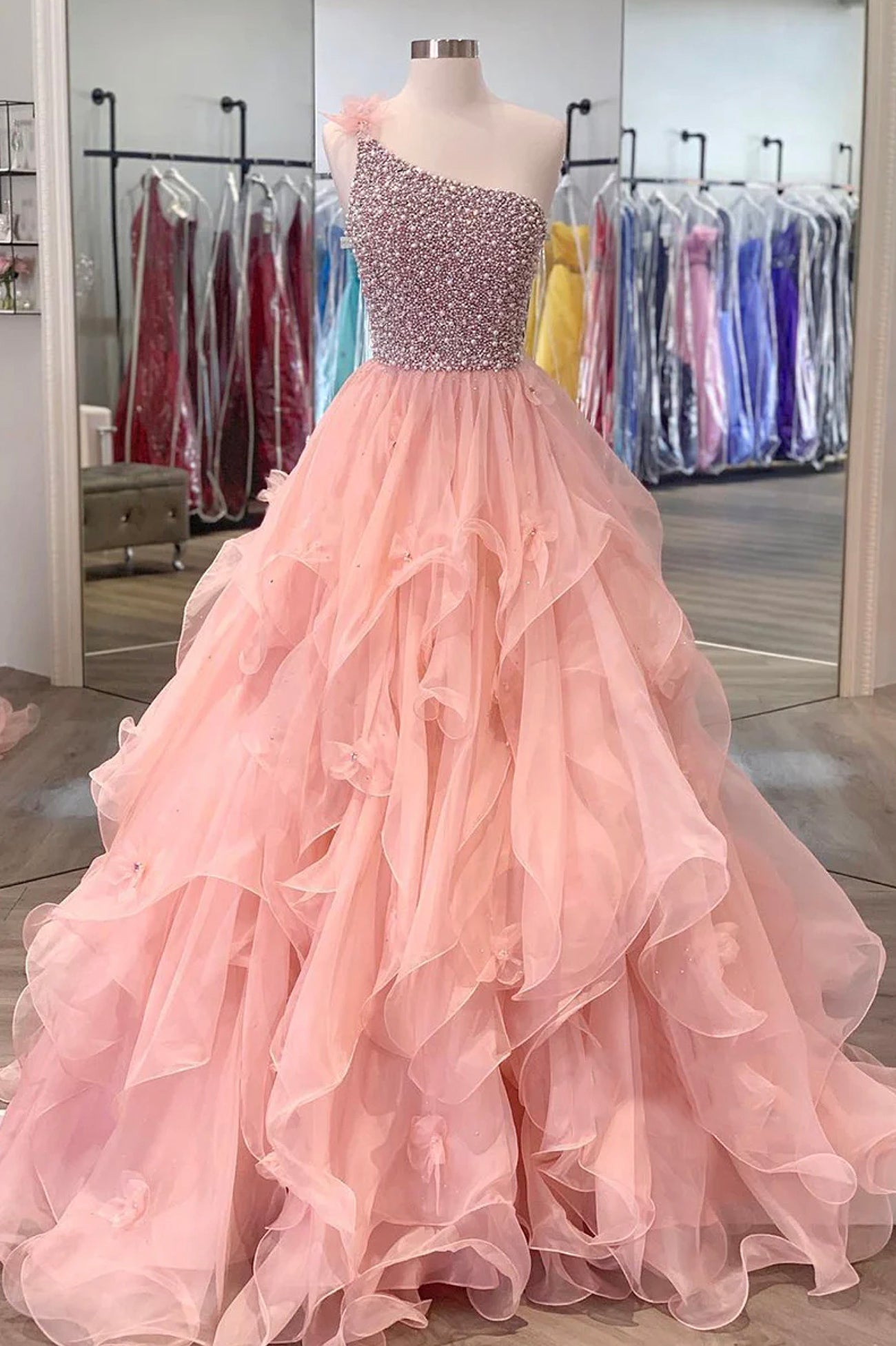 Pink One Shoulder Beaded Prom Dress, Pink Tulle Layers Evening Gown