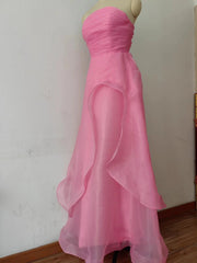 Pink Prom Dress Tulle Evening Gown Strapless Ruffles A-line Simple Prom Dresses For Teens