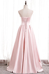 Pink Satin Long Prom Dress with Pearls, Pink Strapless Evening Dress