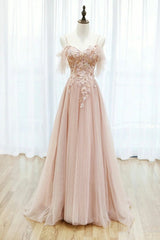 Pink Spaghetti Straps Lace Long Prom Dress, A-Line Evening Graduation Dress