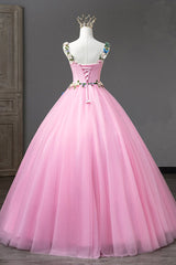 Pink Straps Tulle Sweetheart Ball Gown with Flowers, Pink Formal Dress Prom Dress