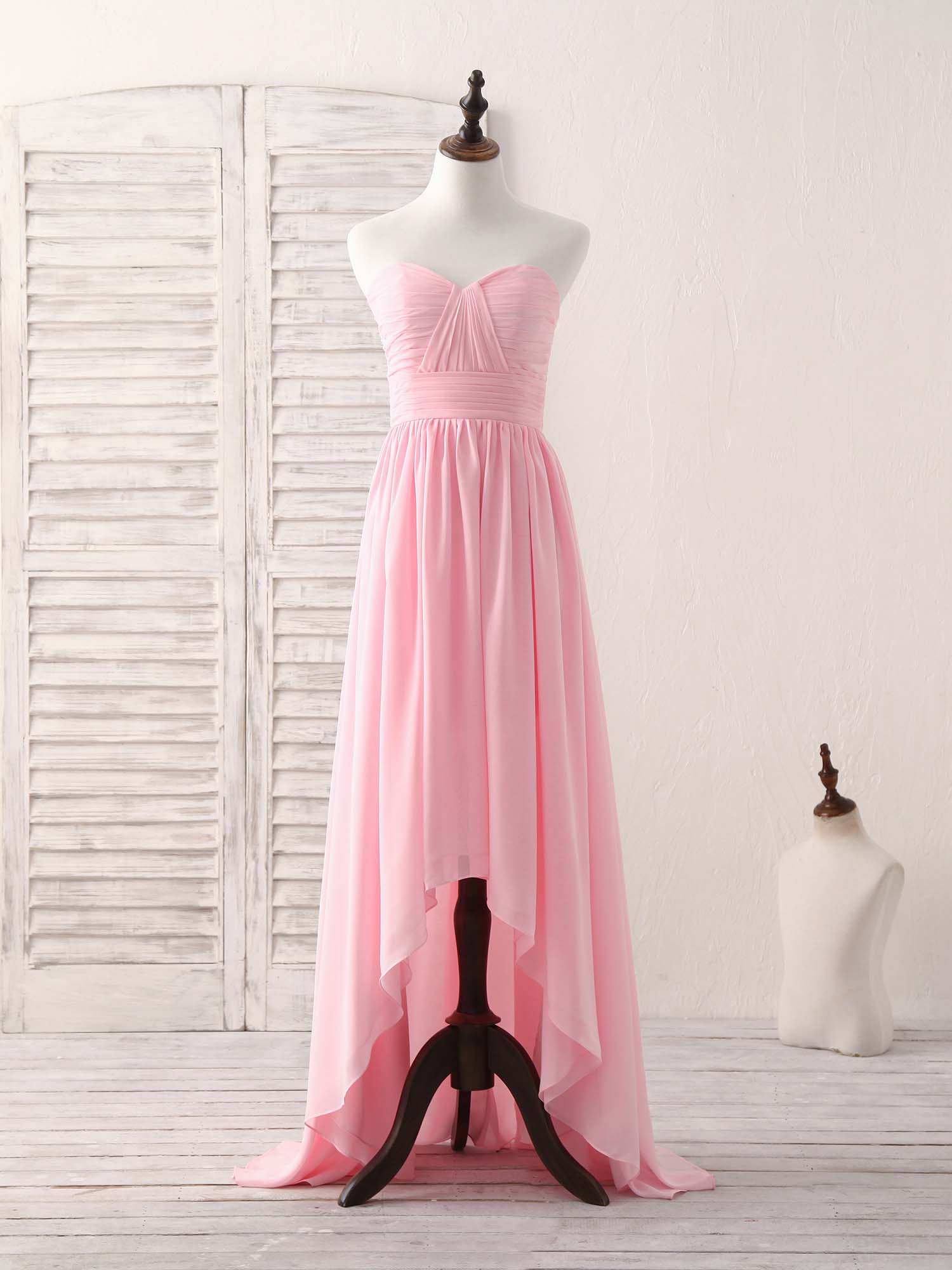 Pink Sweetheart Neck Chiffon High Low Prom Dress, Bridesmaid Dress