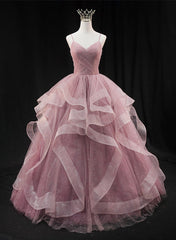 Pink Sweetheart Tulle Long Evening Dress Prom Dress, Pink Sweet 16 Gown