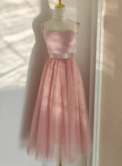 Pink Tea Length Sweetheart Tulle Party Dresses, Pink Wedding Party Dresses