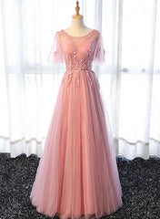 Pink Tulle A-line Long Party Dress, Pink Bridesmaid Dress