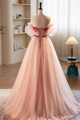 Pink Tulle Beaded Long Prom Dress, A-Line Off Shoulder Evening Party Dress