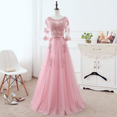 Pink Tulle Elegant Party Dress with Lace, Pink A-line Formal Dress Bridesmaid Dress